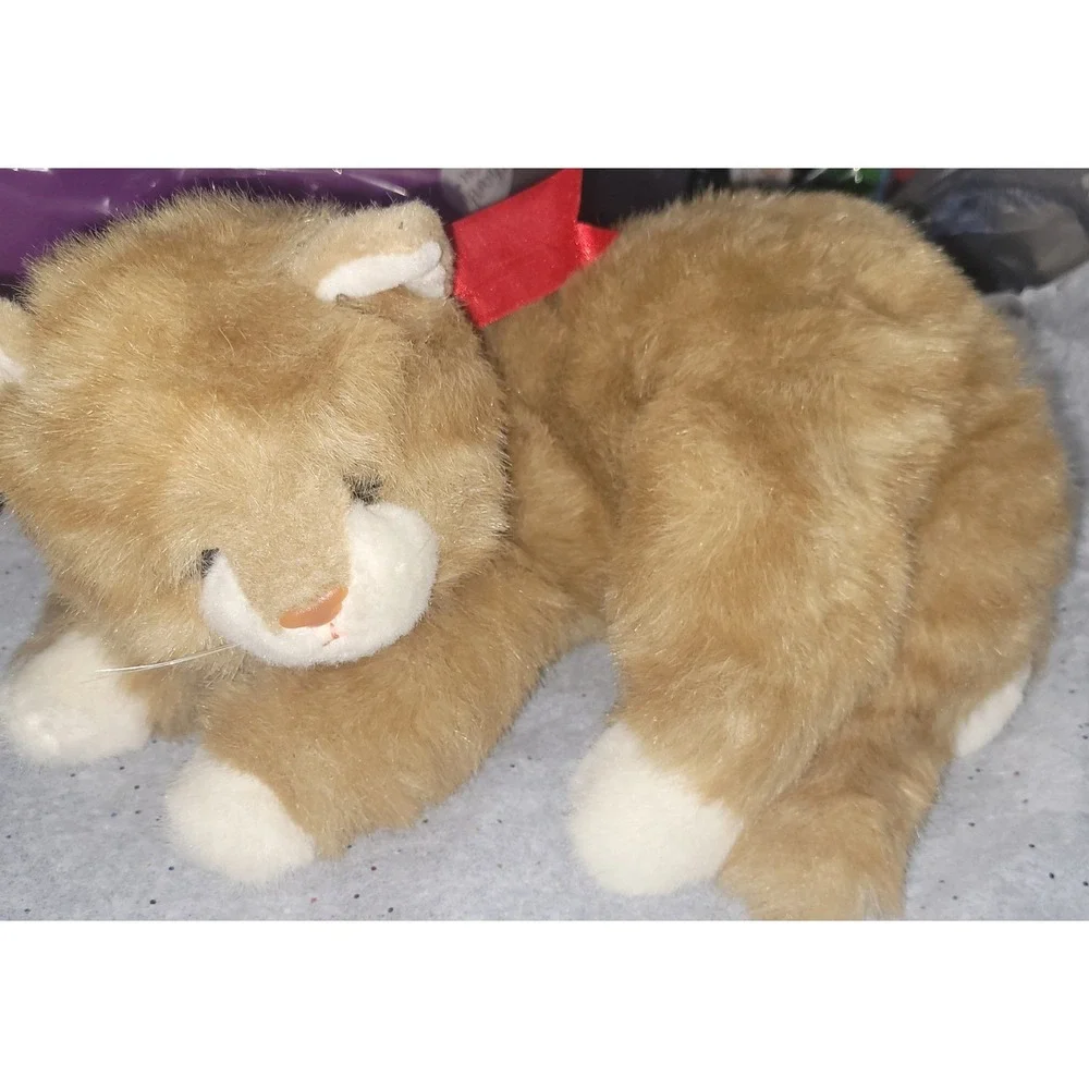 Vintage Ty Inc 1995 Ginger Tabby Cat Plush Tan White Striped Red Ribbon Korea